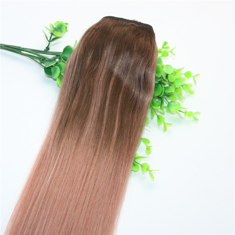 Ombre Rose Gold Pink With Brown Highlights Dark Brown Root One Piece Clip In Human Hair Extensions 5Clips With Lace Remy Human Hair