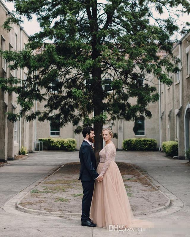 2017 Long Sleeve Plus Size Tulle Dresses A-Line Country Wedding Sequined Lace Top Garden Bridal Gowns V Neck Custom Made 0510