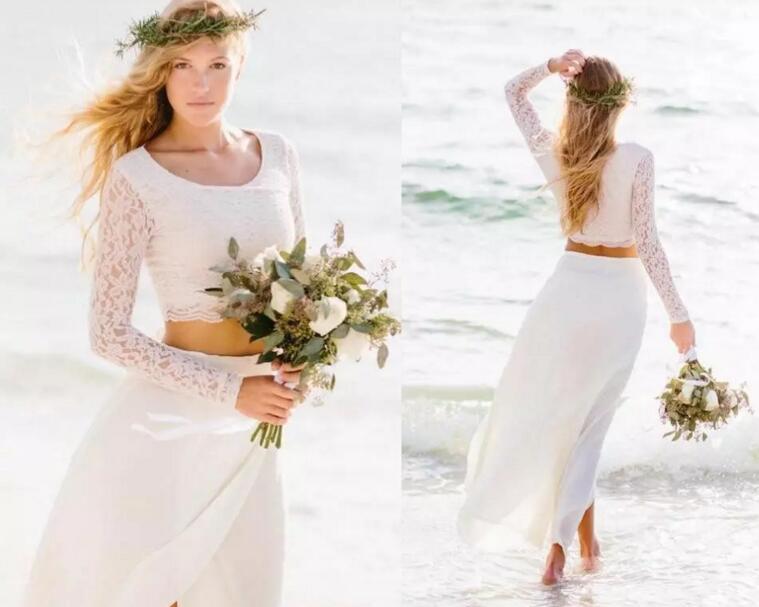 Simple 2017 Boho Beach Wedding Dresses Two Pieces Cheap Scoop Illusion Long Sleeves Lace And Chiffon Ankle Length Bridal Gowns Casual EN7245