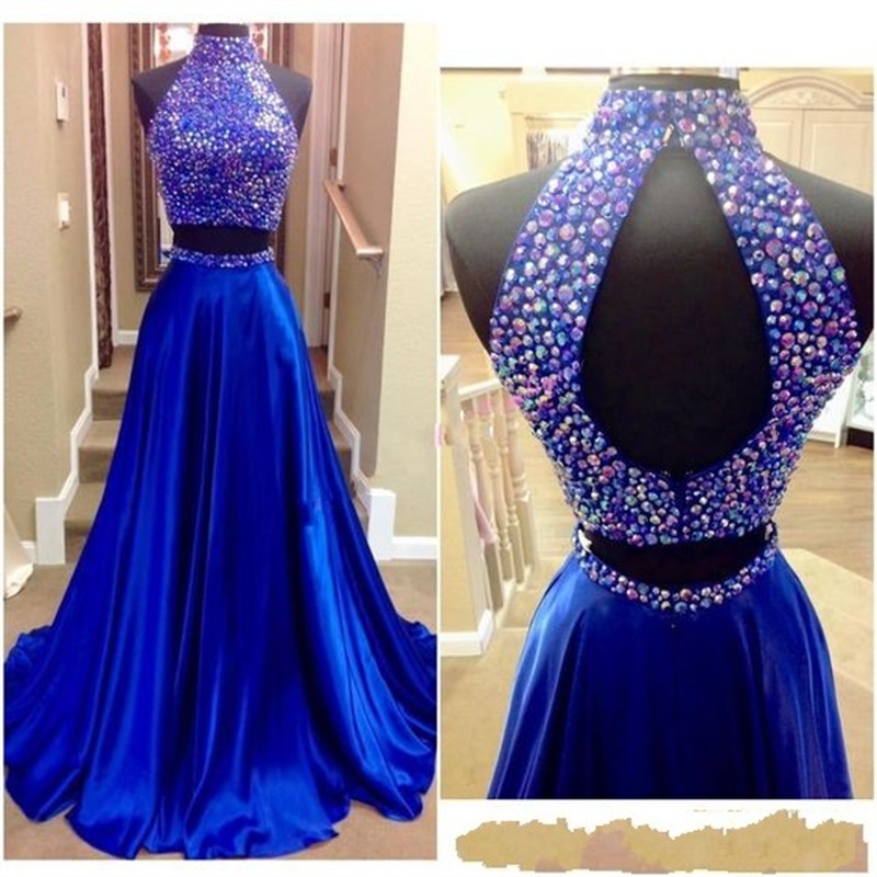 2023 Beaded High Neck Prom Dresses Two Pieces Royal Blue Sexy Keyhole Back Rhinestones Real Pictures Satin 2 Pieces Formal Evenin Gowns