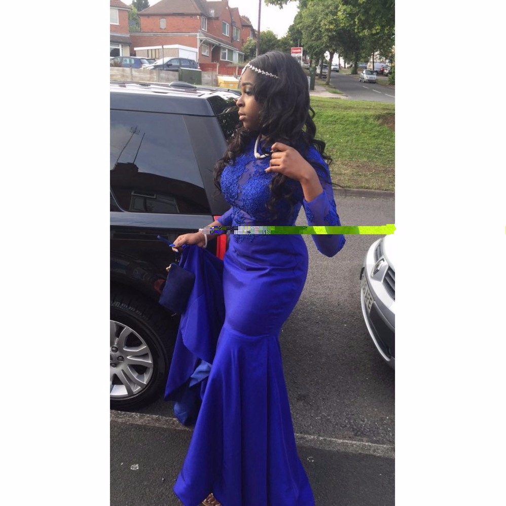 Long Prom Dresses 2023 Sheer O-neck Applique Illusion Long Sleeve Floor Length Stretch Satin Royal Blue Mermaid Evening Gowns