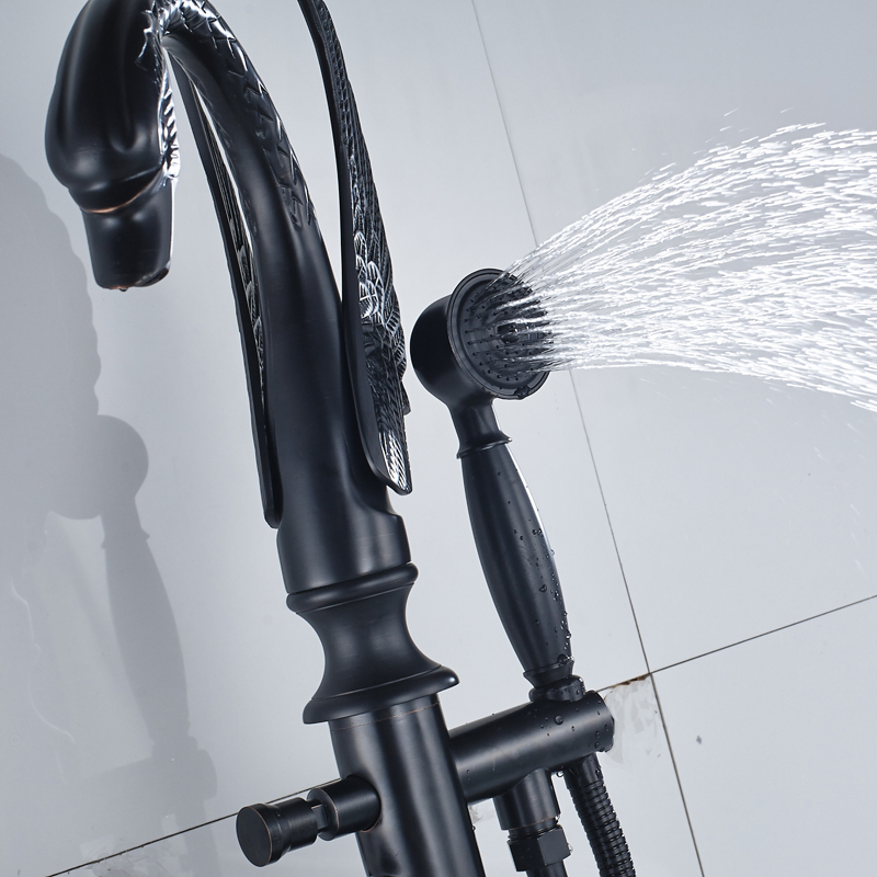 Bathtubs Faucets Oil rubbed Bronze Free Standing Bird Shape Bathroom Bathtub Faucet + Handheld Shower Single Handle Tub Mixer Taps
