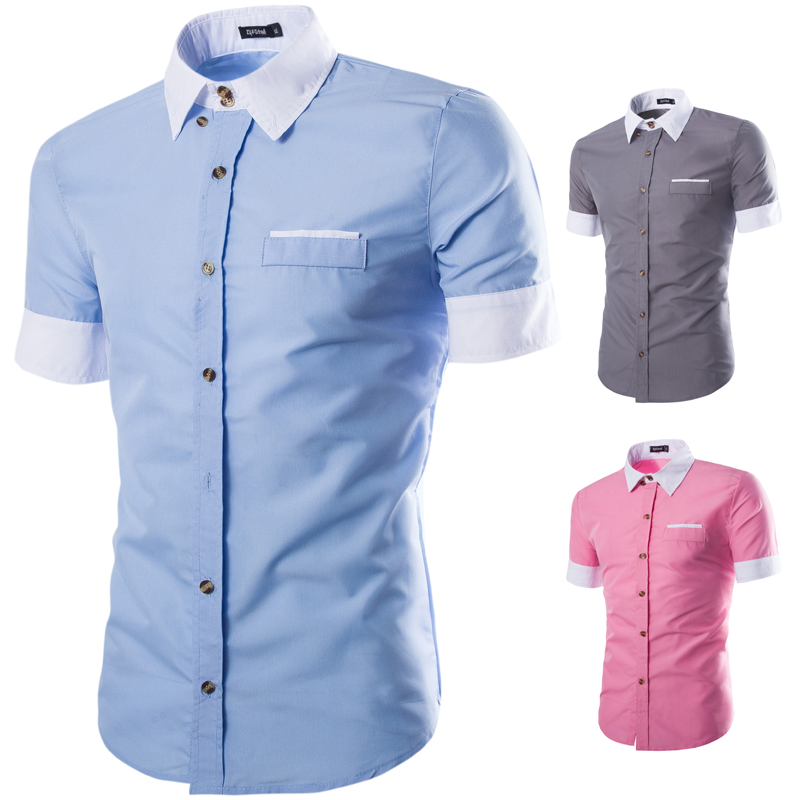 Wholesale- Brand 2016 Fashion Male Hawaiian Shirt Short-Sleeves Tops High Quality Solid Color New Mens Dress Shirts Slim Men Shirt 2XL DFG