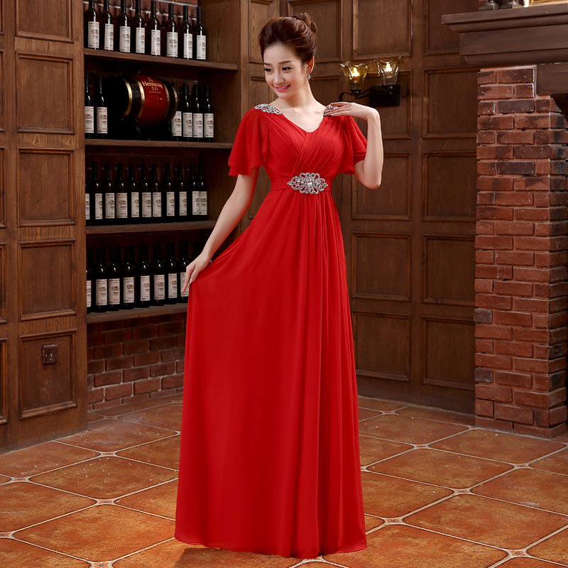 Brand New Red Evening Dresses with Short Sleeve Elegant Chiffon Bride Gown Ball Prom Party Homecoming/Graduation Formal Dress