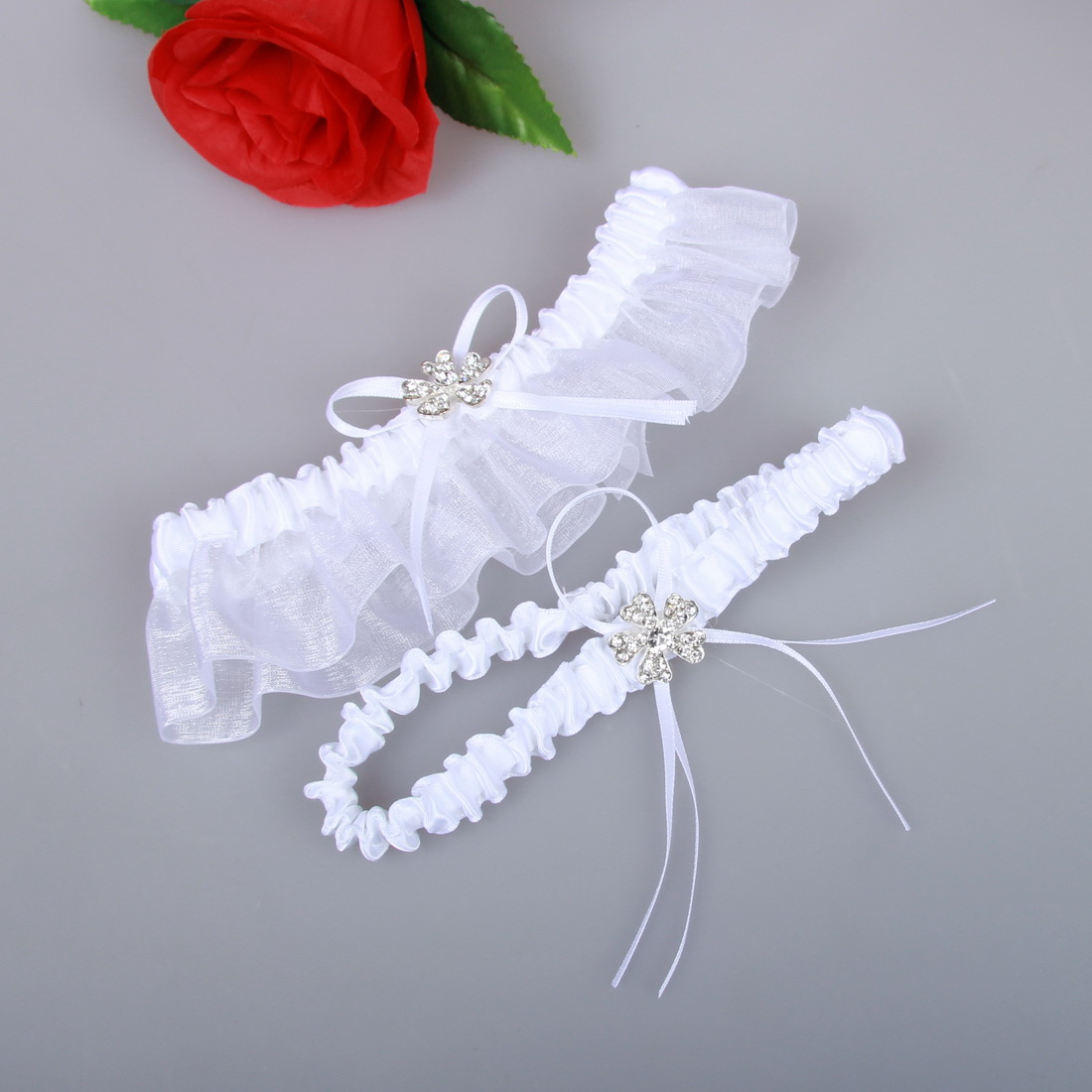 White Bridal Garters Belt Organza Sexy Feminine Crystals Wedding Leg Garters Bow 2 Pcs Set Prom Homecoming Free Size 15-23 Inches White