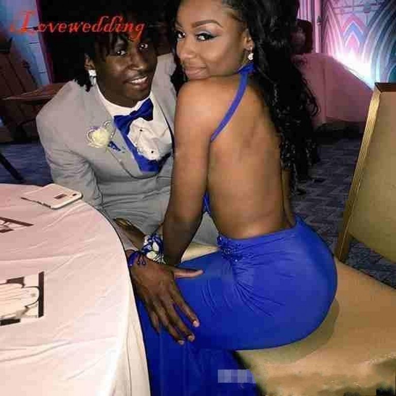 Fashion Couple Fashion Royal Blue Prom Dresses Mermaid Halter Neck Beaded Appliques Sweep Train Evening Red Carpet Gowns