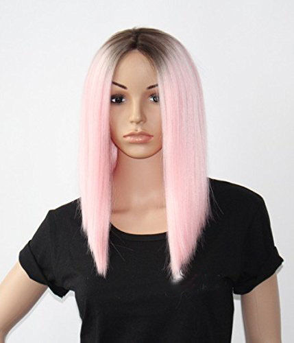 Synthetic Lace Front Straight Wig Ombre Color Black to Pink Medium Hair