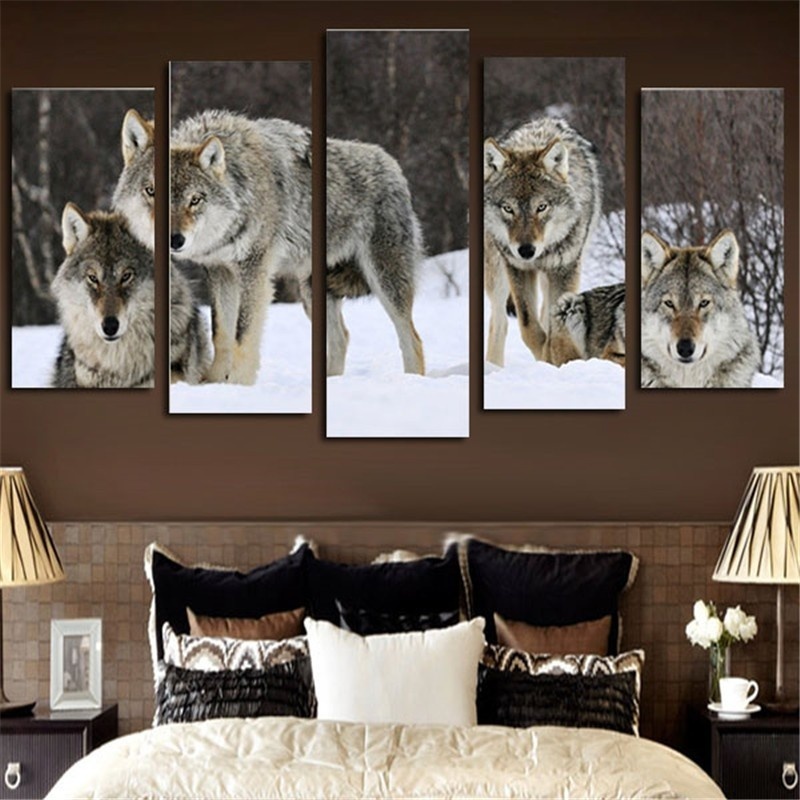 5Panel Modern Animal Four wolves Oil Painting on Canvas for Living Room Wall Art Gift Decoration Home No Frame