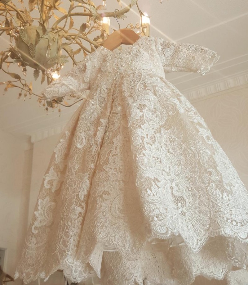 Christening Baby Little Gowns With Bonnet Full Lace Wer Girls Dresses Pearls Long Sleeve First Baptism Communication Dress