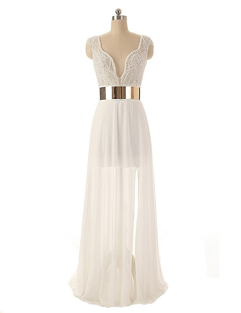 2017 Sexy V-Neck Backless Beading Formal Evening Dresses With Pearls Chiffon Floor-Length Plus Size Prom Party Celebrity Gowns BE05