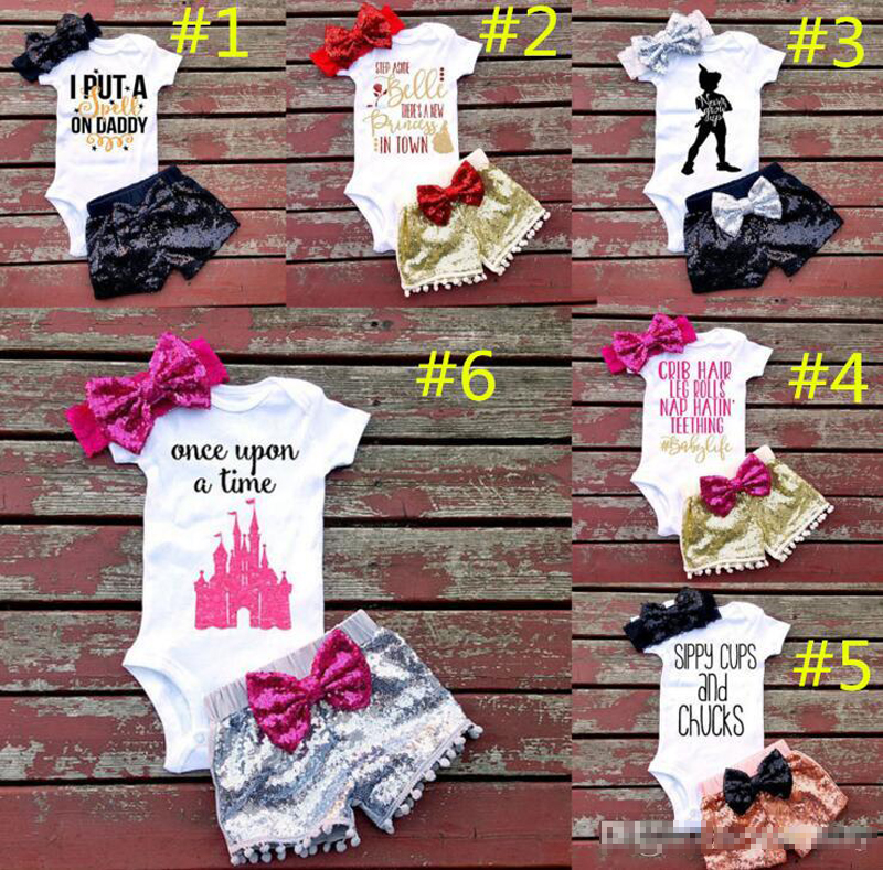 7 Styles Baby girl INS letters rompers suit Children Short sleeve triangle rompers+paillette shorts+bowknot Hair band 3pcs sets clothes
7 Styles Baby girl INS letters rompers suit Children Short sleeve triangle rompers+paillette shorts+bowknot Hair band 3pcs sets clothes
