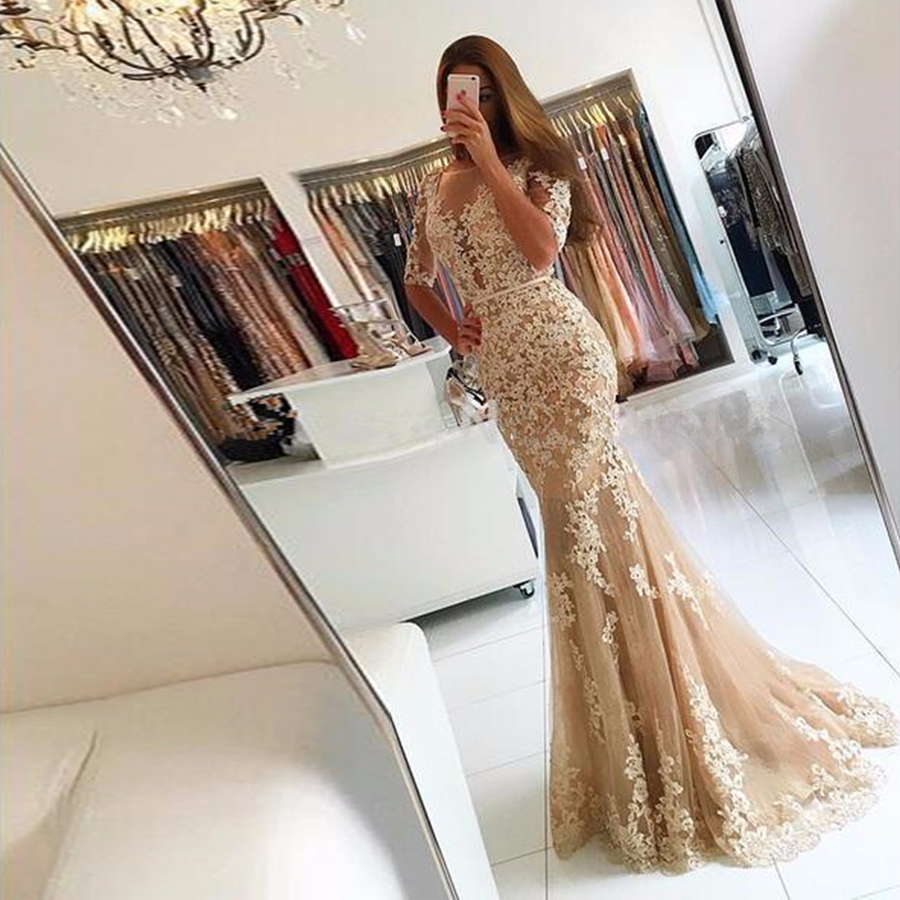 Chic Champagne Mermaid Tulle Illusion Half Sleeve Prom Dress With Beaded Lace Applique 2019 New Vestido De Festa, Royal blue
Chic Champagne Mermaid Tulle Illusion Half Sleeve Prom Dress With Beaded Lace Applique 2019 New Vestido De Festa, Royal blue
