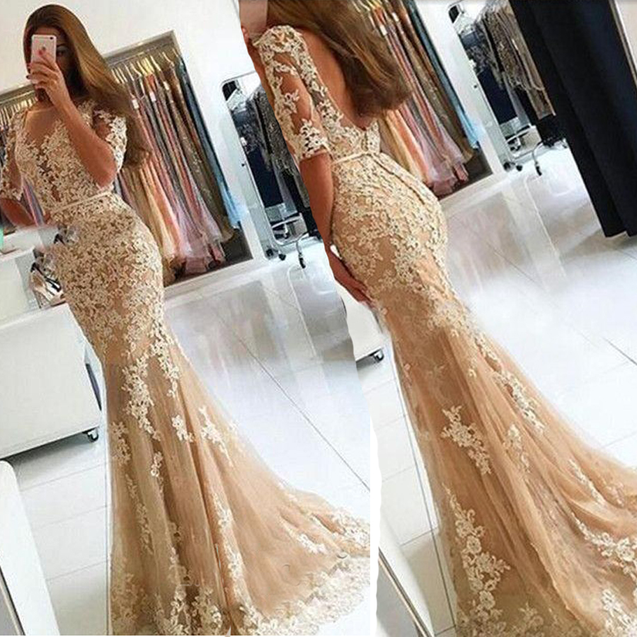 Lace Open-Back Half-Sleeves Mermaid Champagne Prom Dresses Sheer V-neck Sexy Evening Dress vestidos de fiesta cortos 2019
Lace Open-Back Half-Sleeves Mermaid Champagne Prom Dresses Sheer V-neck Sexy Evening Dress vestidos de fiesta cortos 2019