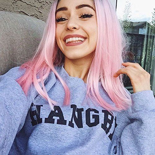 Synthetic Lace Front Straight Wig Ombre Color Black to Pink Medium Hair
