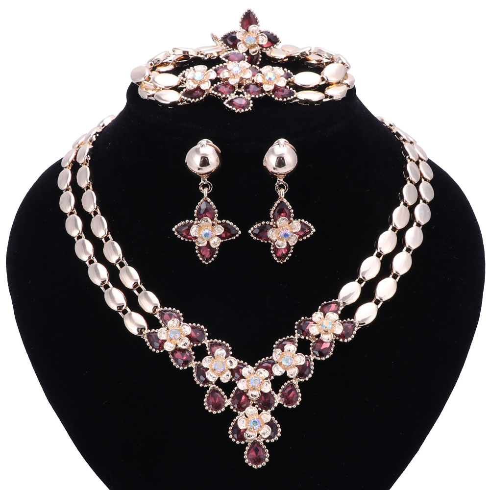 Flower Jewelry Set Gold colour goldenRhinestone French Romantic Bracelet Earrings Necklace Set For Women Hot Sell