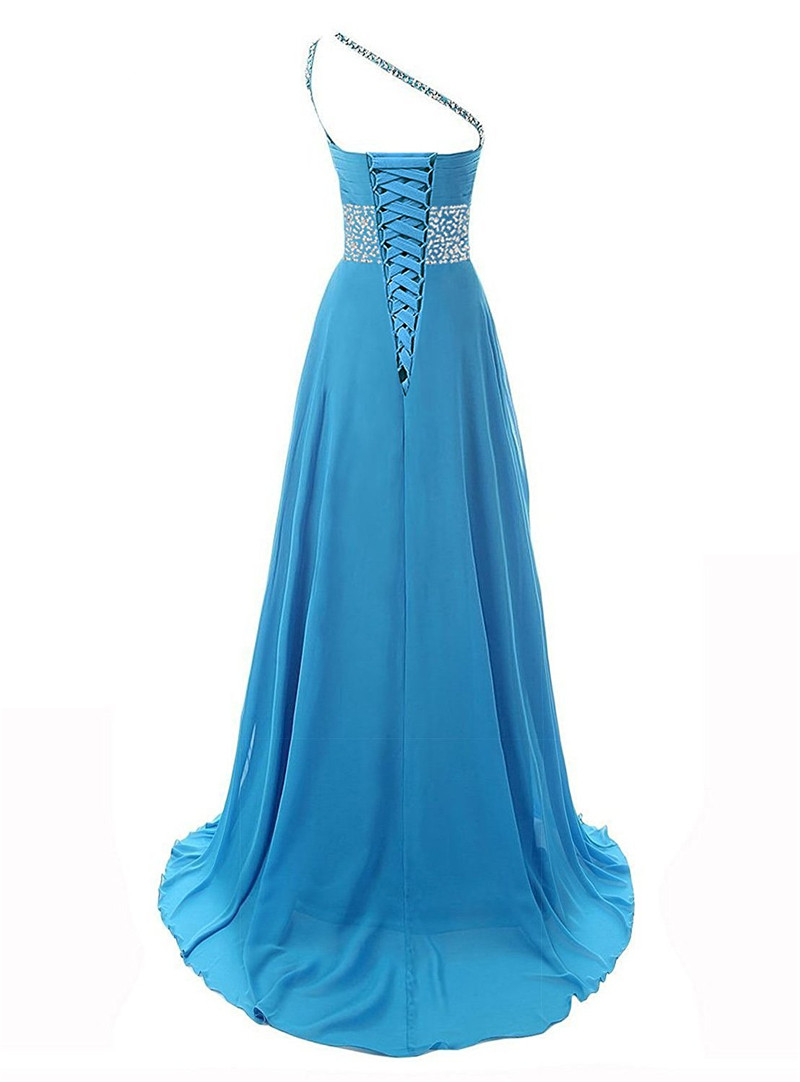 2017 Sexy One-Shoulder Beading A-Line Prom Dresses With Sequin Chiffon Lace Up Floor-Length Plus Size Evening Formal Party Gown BP06