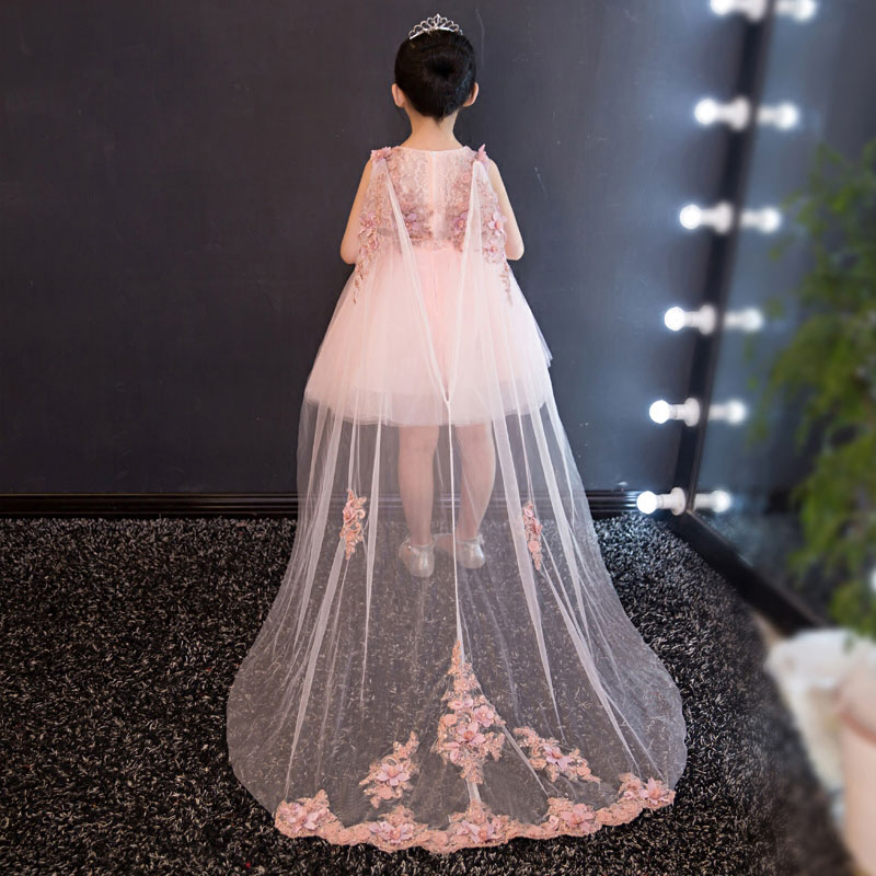 Glizt Appliques Tulle Flower Girl Dress Long Trailing Princess Ball Gown Party Wedding Dress First Communion Dresses for Girl