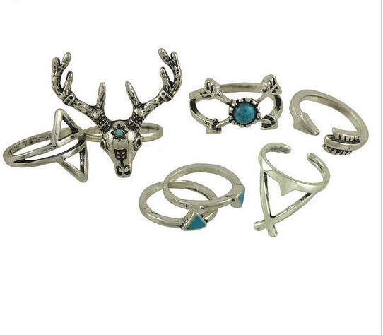 New Vintage Boho Rings Jewelry 7pcs/Pack Metal With Antique Silver Plated Multipack Ring Set for Woman anel Antler G76