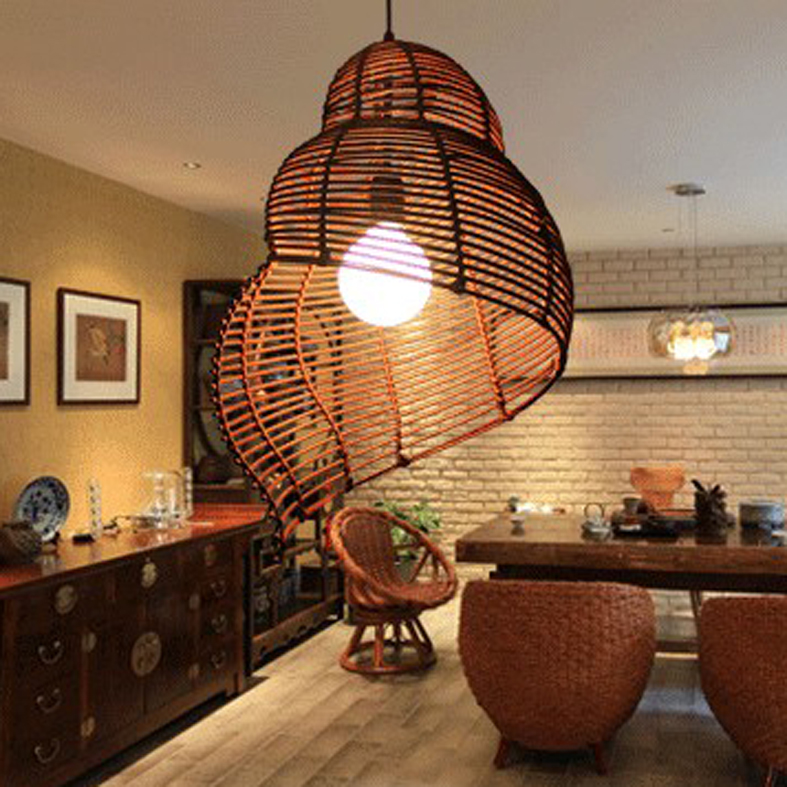 Modern Bamboo Snail Pendant Lights Fixture Southeast Asian Rattan Escargots Pendant Lamps Hotel Restaurant Dining Room Cafes Hanging Lamp