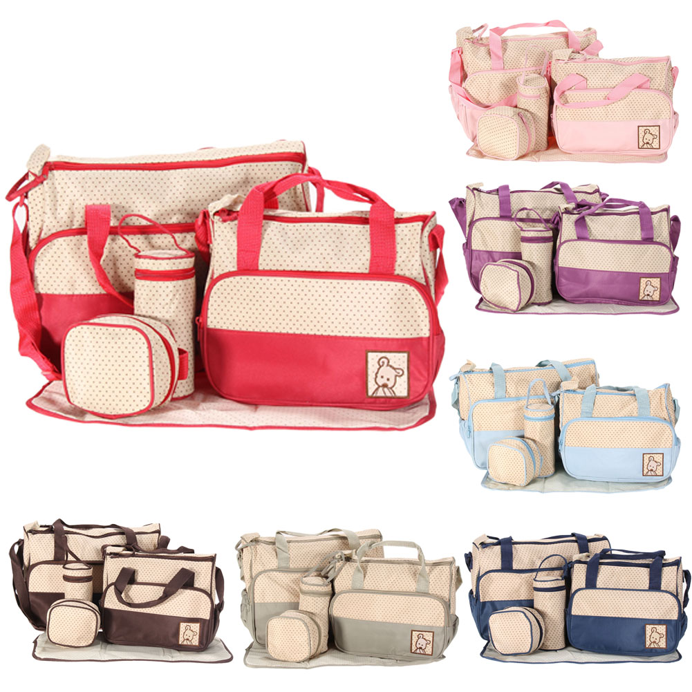 Diaper Bags Wholesale- 5Pcs/Set Multifunctional Mummy Baby Bag Diaper Nappy Changing Handbag 5 Size Diaper Towel Baby Clothes Milk Bottle Storage Bag 