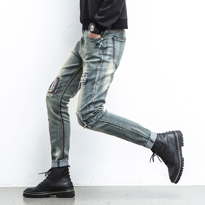 Wholesale-New Style Patchwork Mens Jeans Straight Regular Fashion Cheap Small Straight Mens Jeans Brand Clothing Cotton Mens jeans China