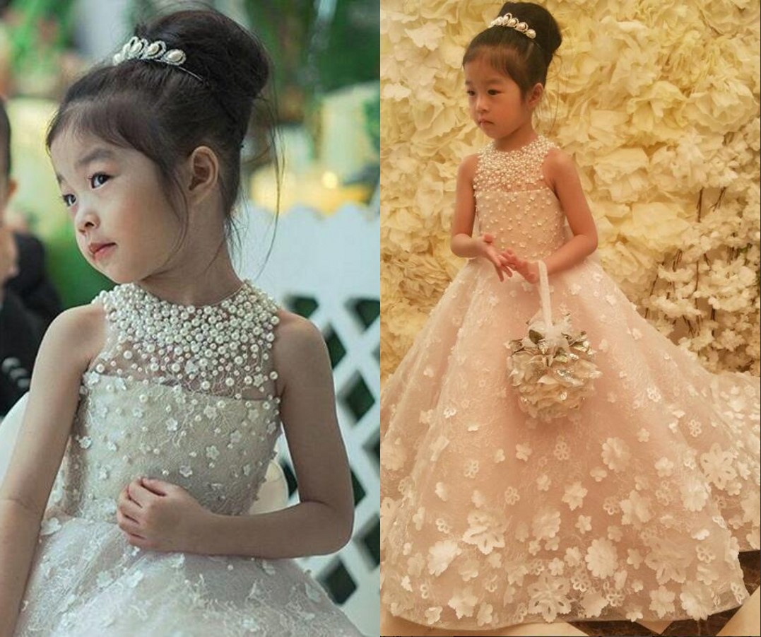 luxurious lace arabic flower girl dresses pearls 3d floral child wedding dresses vintage little girl pageant dresses fg11