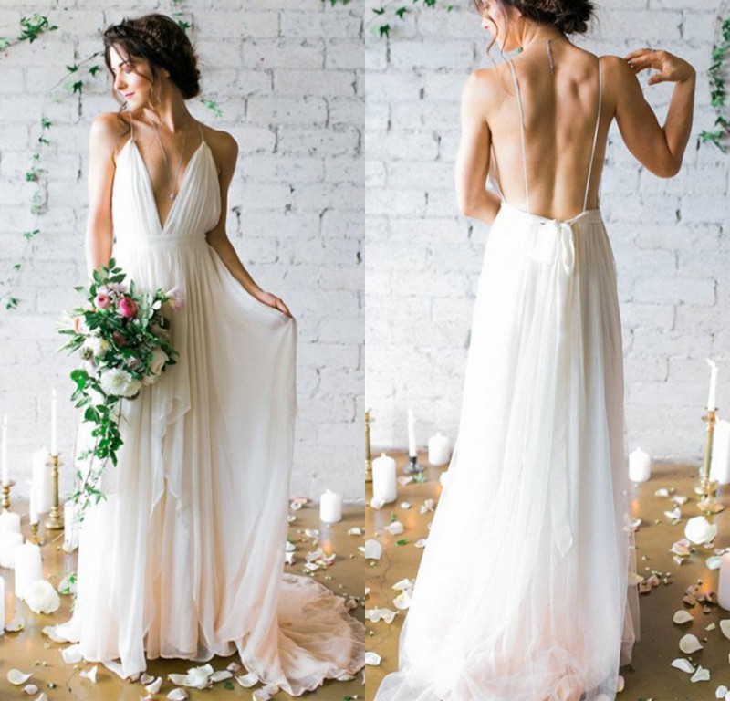 2020 Simple Deep V-neck Sweep Train Wedding Dresses With Straps Sex Flow Chiffon Backless Beach Bridal Gowns
