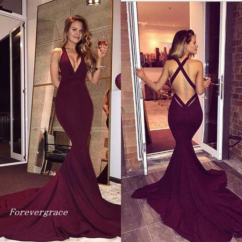 Fashion Backless Burgundy Mermaid Prom Dress Deep V-Neck Long Sleeveless Formal Evening Party Gown Custom Made Plus Size