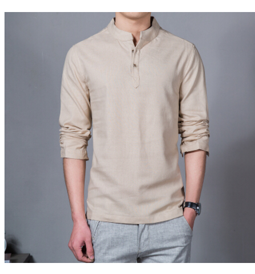 New Spring Summer Casual en Shirt Long Sleeve Solid V Neck Collar Leisure Shirts Men Clothing Morning Exercise Clothes