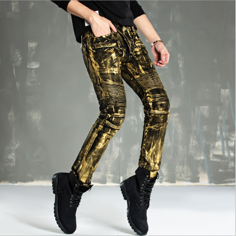 High-quality new gold silver coated men jeans elastic skinny Slim biker jeans man motorcycle pants hip hop nightclub style