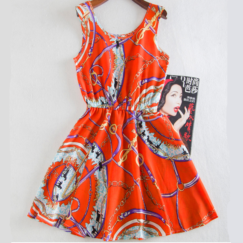 Wholesale- Ladies Dress Print Casual Vintage Female Vestidos European Style Fashion Office Women Clothing Cheap Bohemian Beach Summer Dress