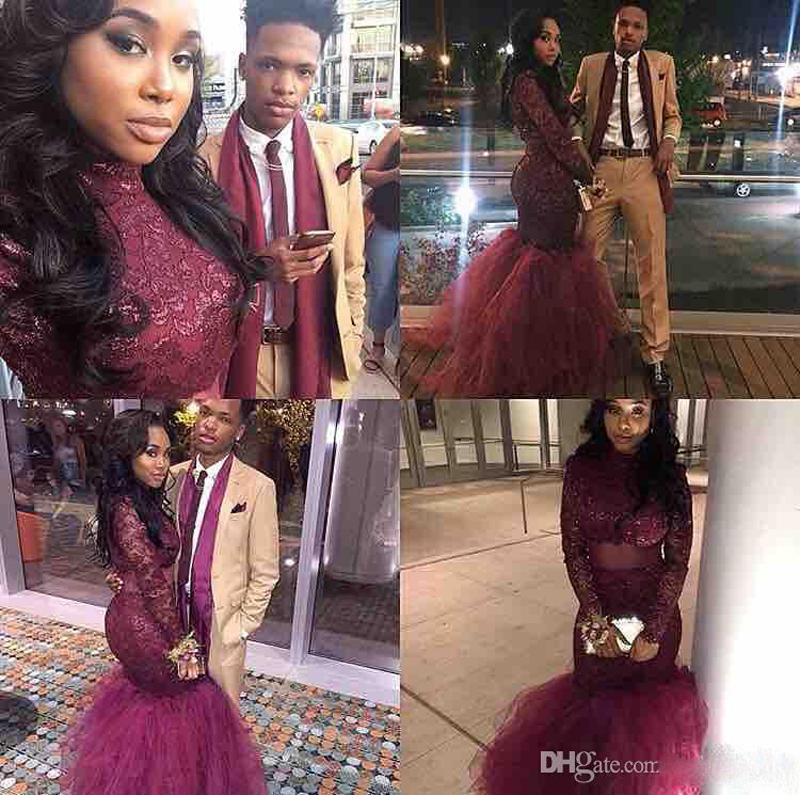 2017 Burgundy Mermaid Prom Dresses Dubai Long Sleeves Illusion Bodice Evening Gowns Red Carpet Vestidos De Fiesta Celebrity Dresses