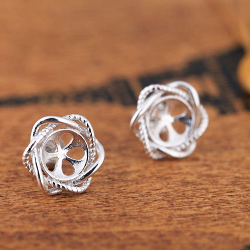 Art Nouveau Fine Silver 925 Sterling Silver Plated White Gold 6mm Pearl or Round Bead Semi Mount Women Stud Earrings Elegant Fine jewelry