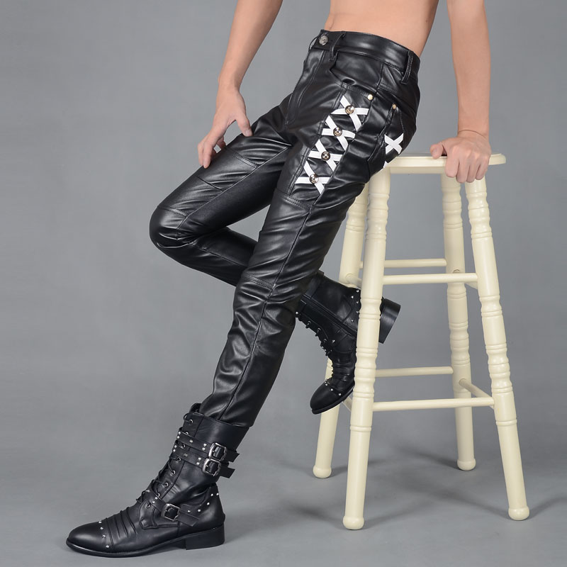 Male Korean Velvet thickening slim fashion leather trousers winter high quality slim special pants men show for singer dancer stage nightclub leather 