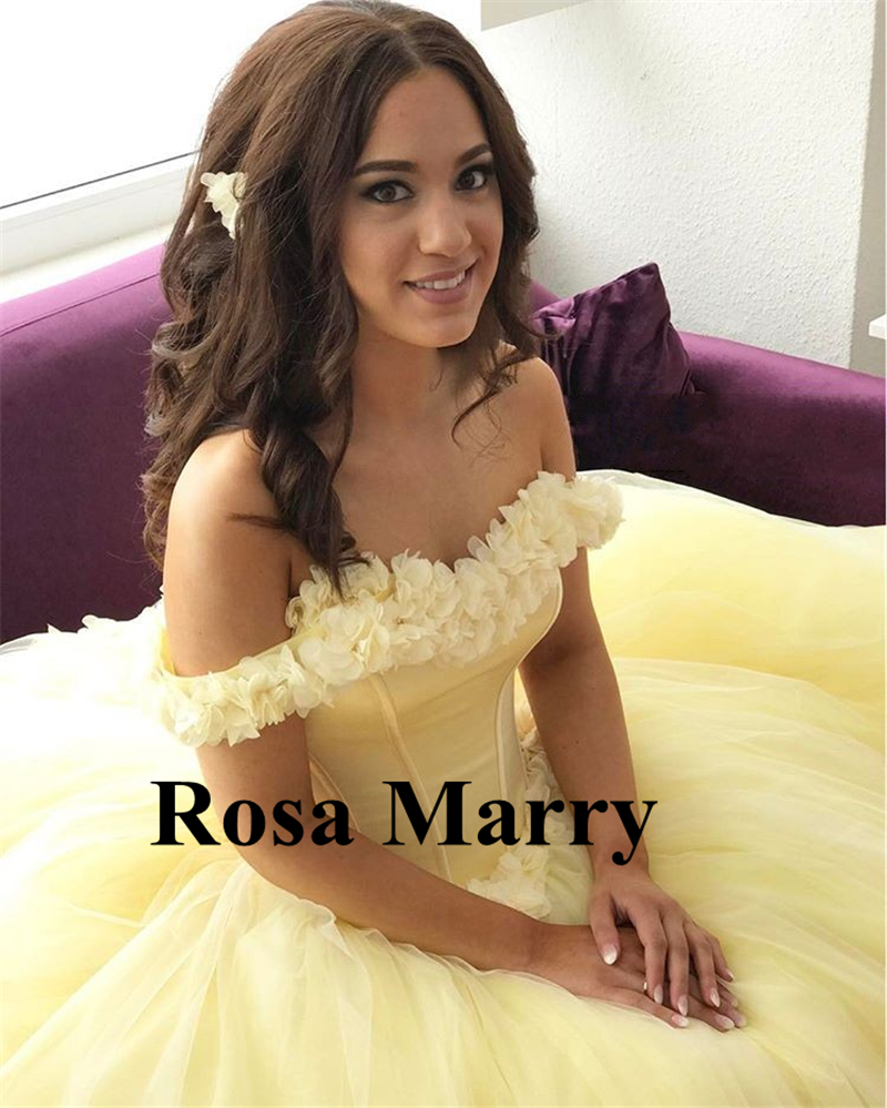 2019 Yellow Ball Gown Quinceanera Dresses 3D Hand Made Flowers Off Shoulder Sweet 16 Plus Size Princess Tulle Cheap Masquerade Prom Gowns