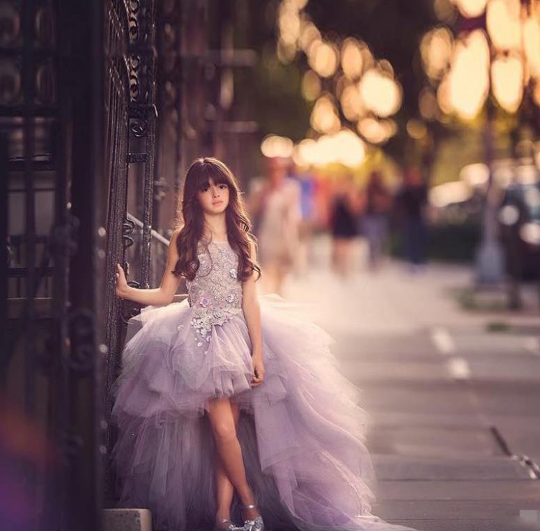 Cute Lilac High Low Flower Girl Dresses Tulle Layered Puff Girl Pageant Dresses Kids Evening Gowns Custom Made Prom Dress for Girls