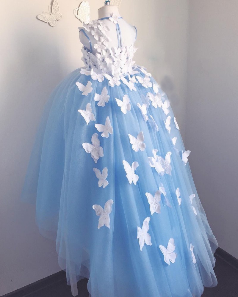 Purple 7 Year Old Ball Gown Flower Girl Dresses Tulle 3D Floral Appliques Pageant Gowns Butterfly Communion Fancy Dress Costumes