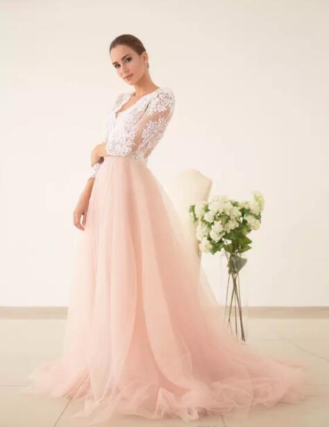 Fairy 2017 Ivory Lace Peach Tulle Country Wedding Dresses Cheap V Neck Illusion 3/4 Long Sleeves Bridal Gowns Custom Made China EN8057