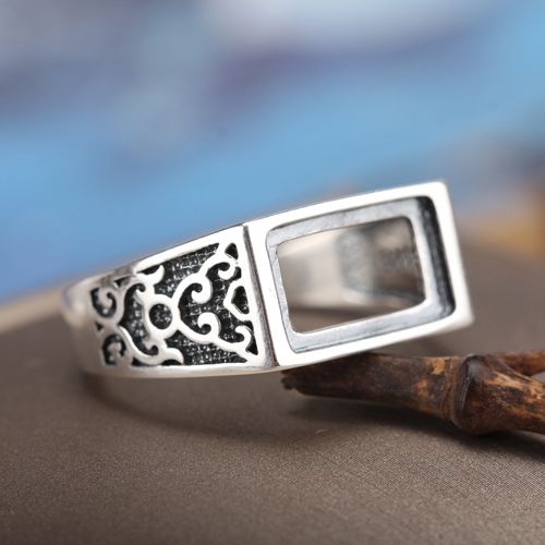 Fine Silver Art Deco 925 Sterling Silver 7x12mm Princess Cabochon Semi Mount Wedding Ring Setting
