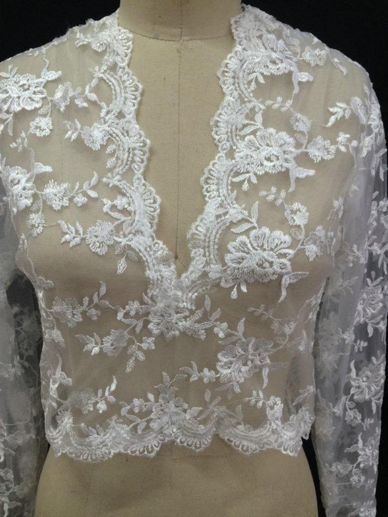 Cheap Bridal Wraps Modest Alencon Applique V Neck Wedding Bridal Bolero For Wedding Dresses Long Sleeve Lace Applique Jacket