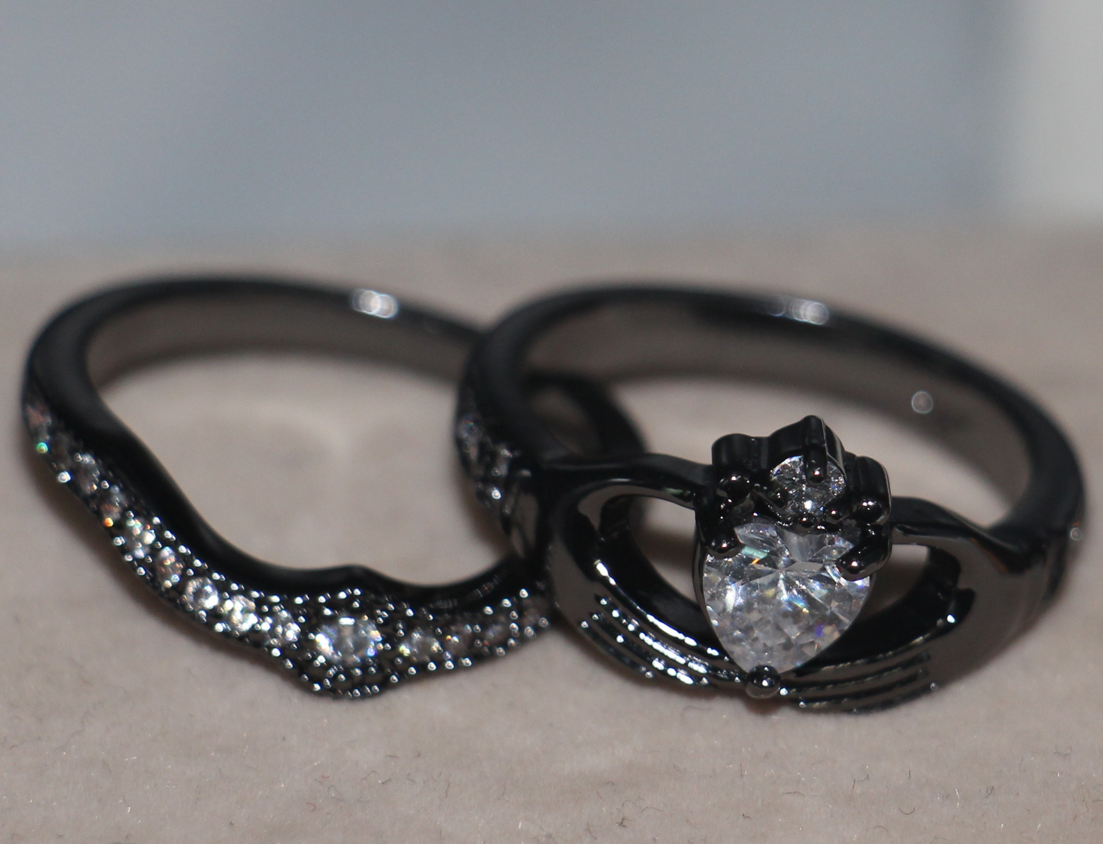 Exquisite 10K Black Gold Filled Heart Topaz Wedding Bridal Claddagh Ring Set for Women, Sizes 5-11