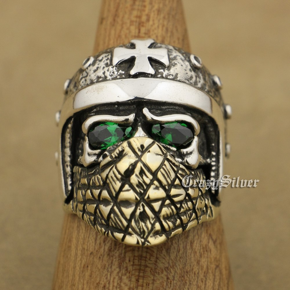 LINSION 925 Sterling Silver Motorcycle Helmet Skull Ring Green CZ Eyes Brass Mask Mens Biker Rock Punk TA25 US Size 7 to 15
LINSION 925 Sterling Silver Motorcycle Helmet Skull Ring Green CZ Eyes Brass Mask Mens Biker Rock Punk TA25 US Size 7 to 15