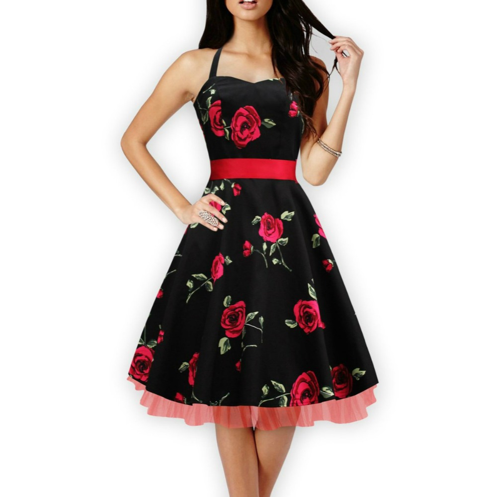 Wholesale- Audrey Hepburn vintage Halter Neck belt big swing floral dress women sexy party cocktail 50s 60s dresses robe vestidos de fiesta