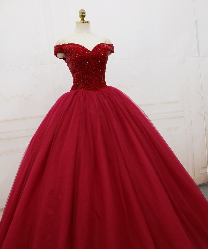 Sparkling Quinceanera Dresses Ball Gown Dark Red Evening Dress Lace-up Back Pleats Tulle Sweep Train quinceanera dresses