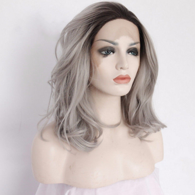 Natural Wavy Heat Resistant Lace Front Wig Synthetic Hair Black Root Ombre Gray Hair womens gray wig