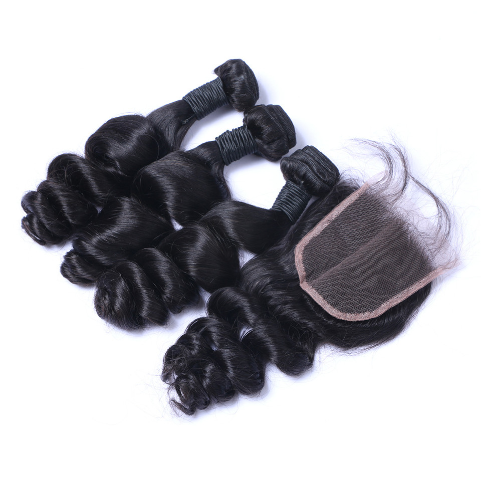 Brazilian Loose Wave 3 Bundles Human Hair Weaves with 4x4 Lace Closures Double Weft Dyeable Pre Plucked Natural Hairline