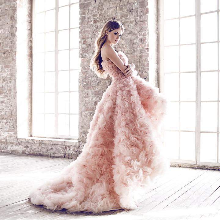 Blush High Low Prom Dresses Strapless Neckline Ruffles A-Line Evening Gowns Sweep Train Tulle Sleeveless Formal Dress