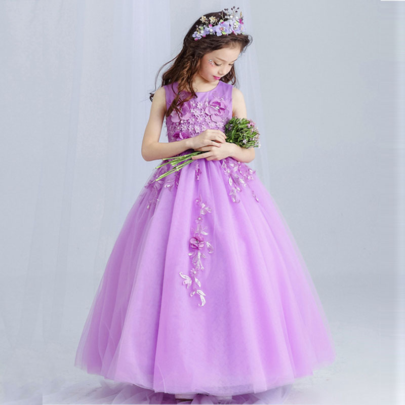 Violet Tulle Lace Flower Girl Wedding Dress Ankle Length Appliques Bead Kids Party Prom Dresses First Communion Dresses