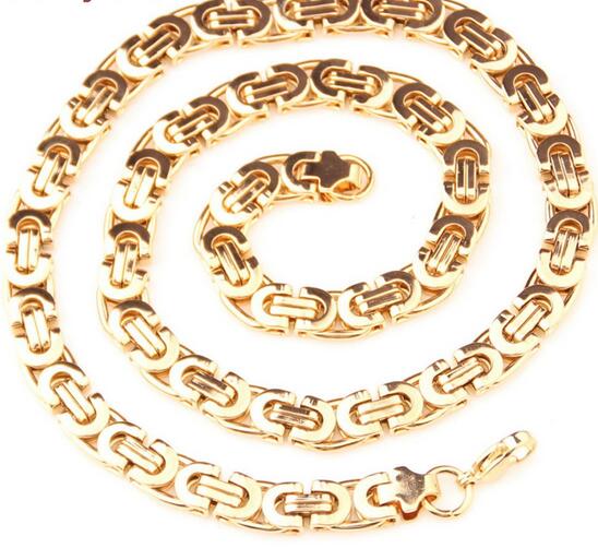 High Qulaity Gold tone Stainless Steel Fashion Flat byzantine Chain Necklace 8mm 24'' women men's gift jewelry for father