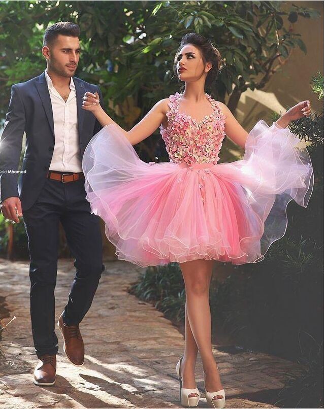 Said Mhamad 3D Floral Applique Homecoming Dresses 2016 Latest Baby Pink Tulle Puffy Short Cocktail Dress Beaded Bow Sash Gowns